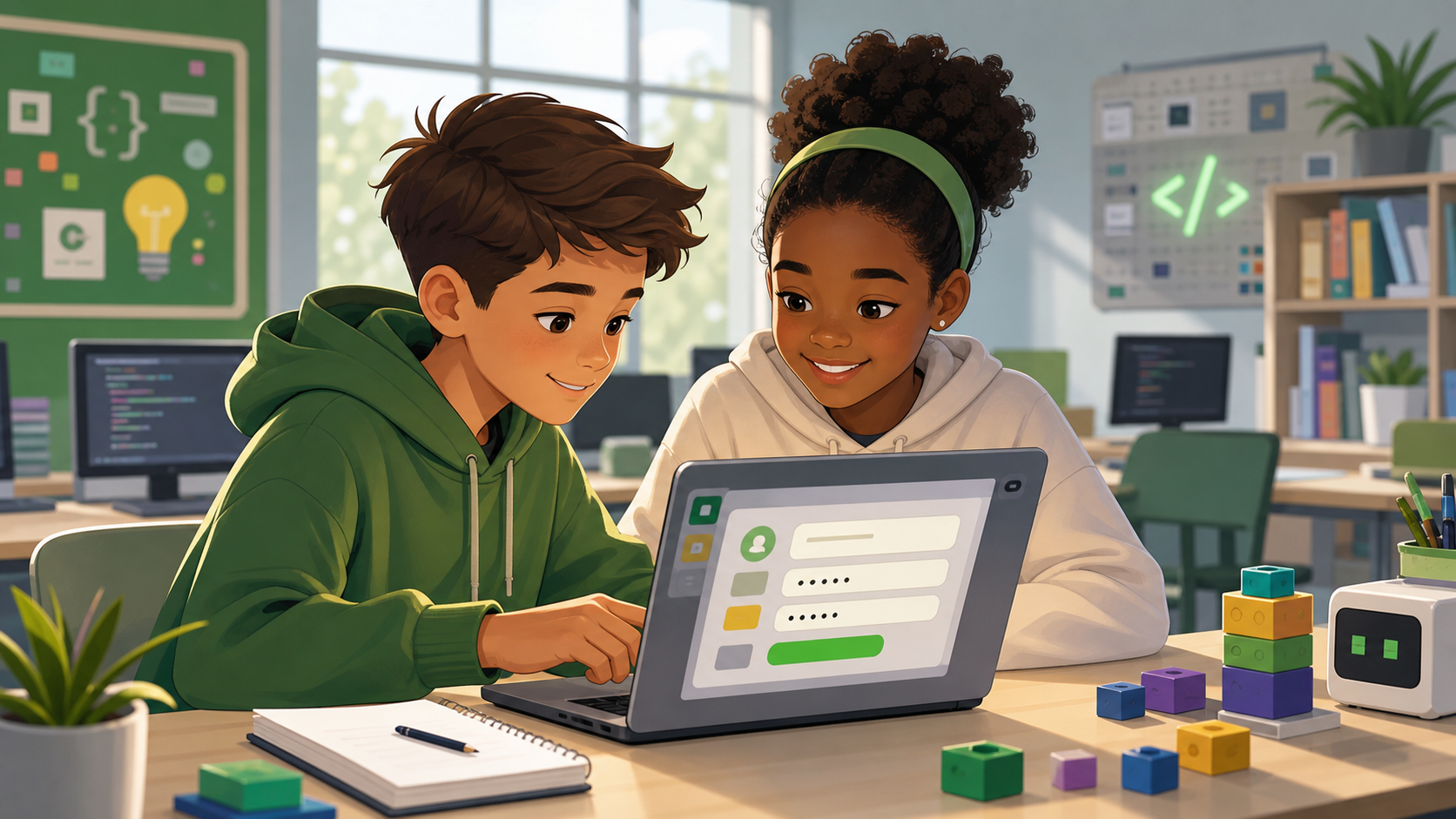 AI-generated illustration of two students entering a coding club join code on a laptop.