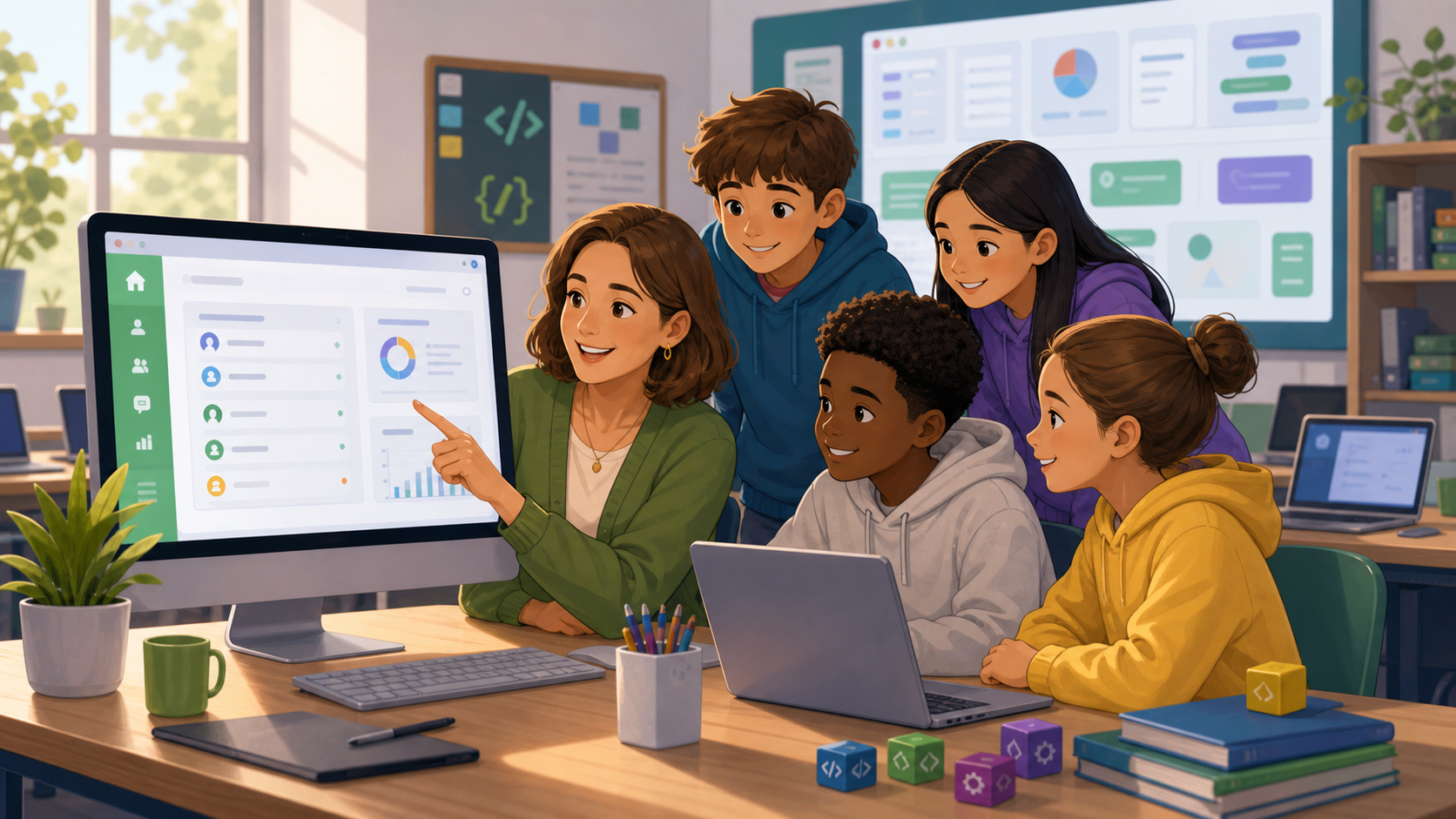 AI-generated illustration of a teacher helping a balanced group of students review a coding club dashboard.