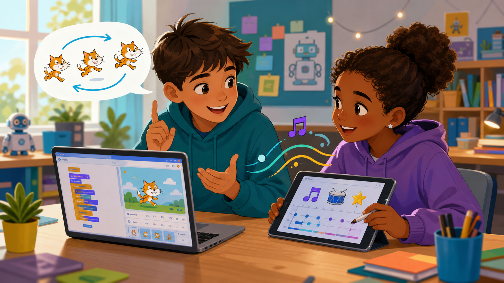 Saved illustration of two students sharing a coding idea and improving an animation together.