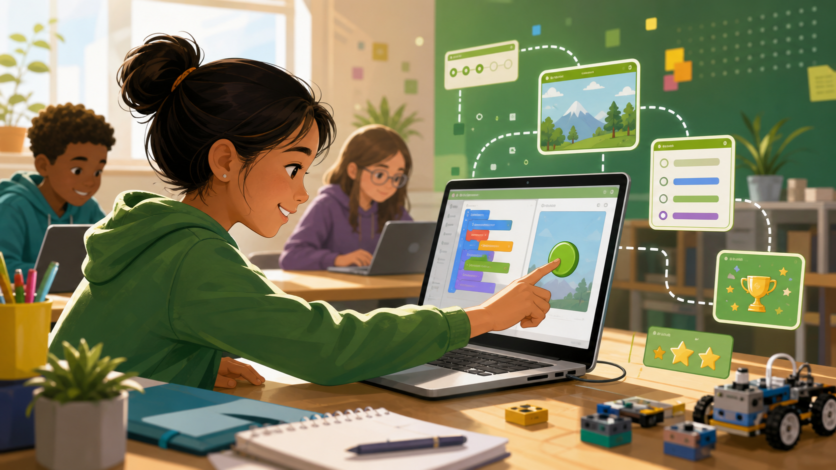 Saved illustration of a student fixing a small button in a coding project.